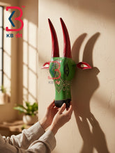 16 Inch Handcrafted Wooden Cow Head Wall Hanging Jade Green Crimson Horns Sacred Kamdhenu Wall Sculpture | Handcrafted by KB ART, Jodhpur