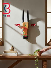 KB ART 16 Inch Handcrafted Wooden Cow Head Wall Hanging Caramel Beige Black Horns Sacred Kamdhenu Wall Sculpture