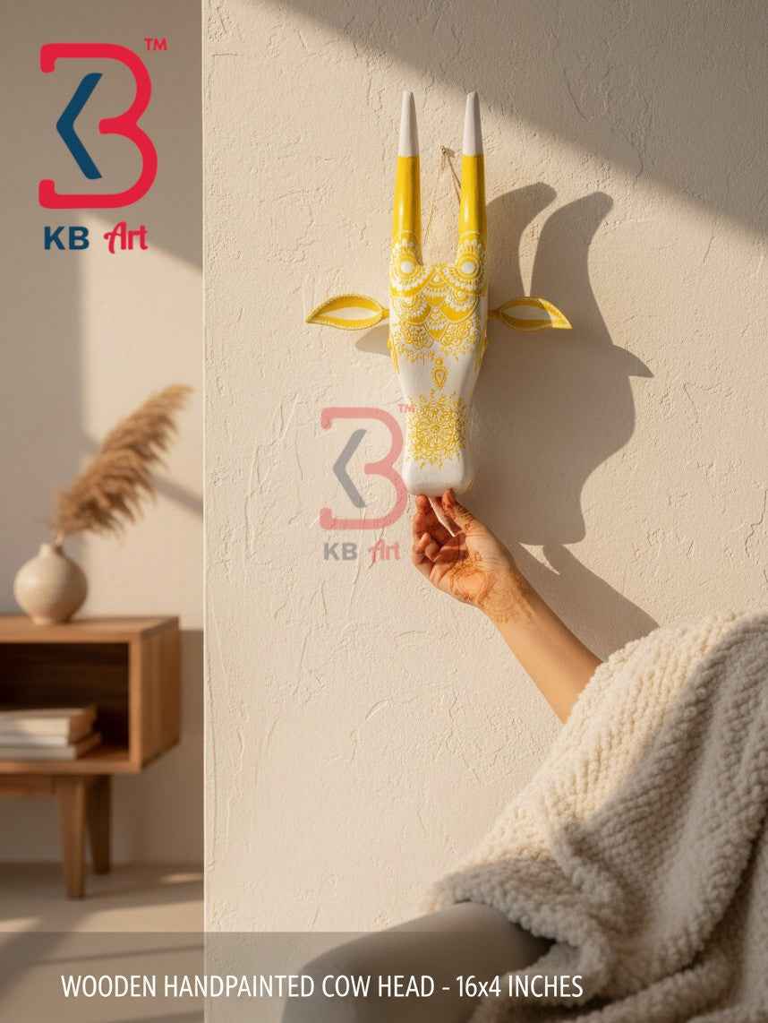 KB ART 16 Inch Handcrafted Wooden Cow Head Wall Hanging White Sunflower Yellow Mandala Sacred Wall Sculpture