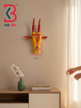 KB ART 16 Inch Handcrafted Wooden Cow Head Wall Hanging Mustard Yellow Crimson Horns Gold Filigree Sacred Wall Sculpture