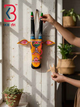 KB ART 16 Inch Handcrafted Wooden Cow Head Wall Hanging Mustard Yellow Green Tipped Horns Sacred Kamdhenu Wall Sculpture