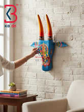 16 Inch Handcrafted Wooden Cow Head Wall Hanging Sky Blue Goddess Lakshmi Sacred Kamdhenu Wall Sculpture | Handcrafted by KB ART, Jodhpur