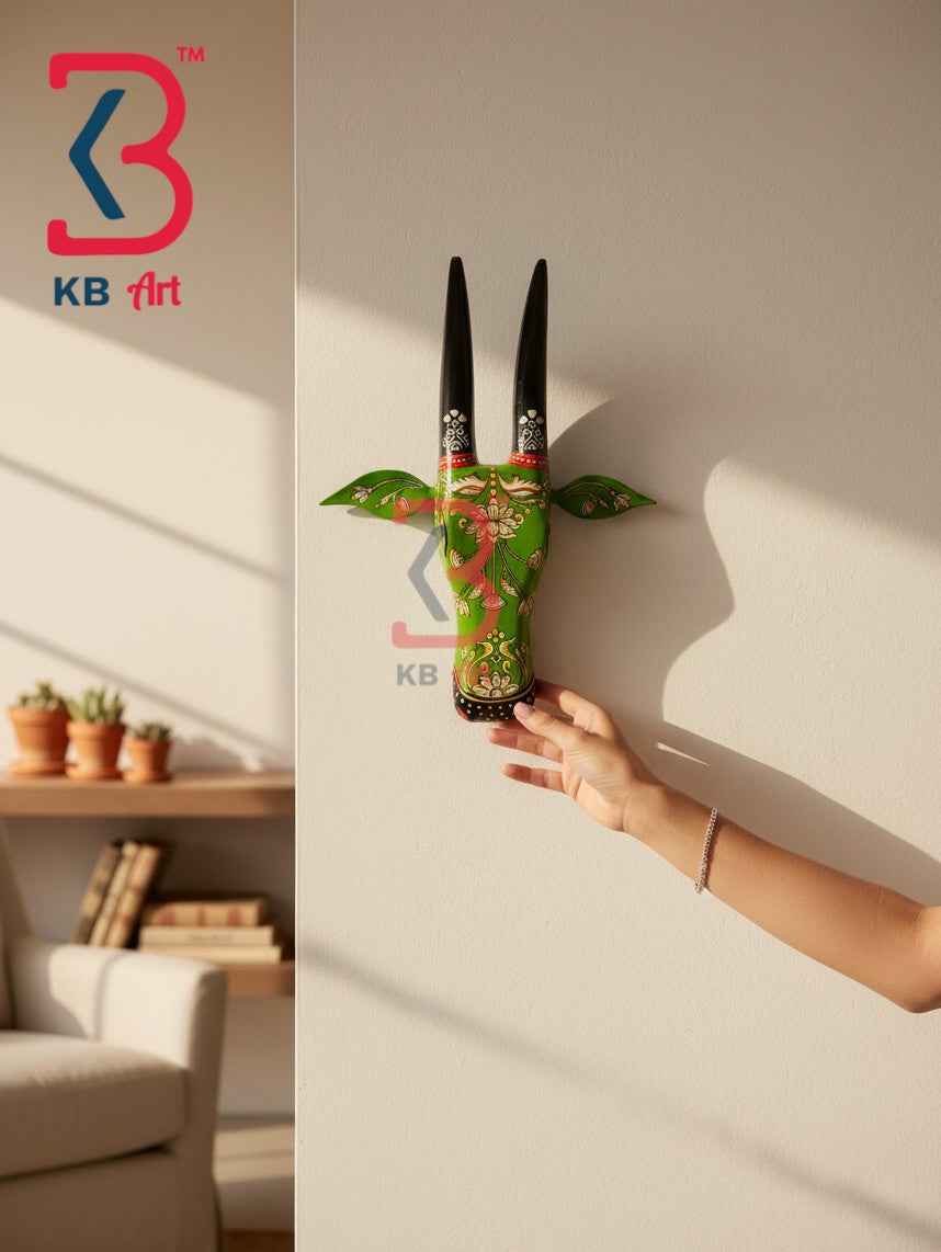 KB ART 16 Inch Handcrafted Wooden Cow Head Wall Hanging Parrot Green Black Horns Sacred Kamdhenu Wall Sculpture