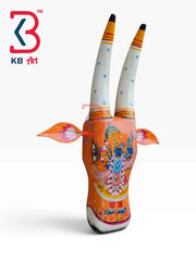 KB ART 16 Inch Handcrafted Wooden Cow Head Wall Hanging Saffron Shrinathji Pichwai Swaroop Sacred Wall Sculpture