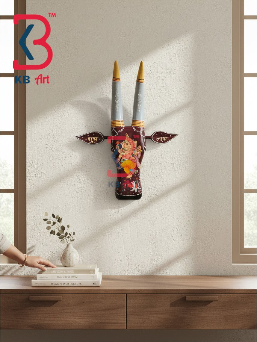 16 Inch Handcrafted Wooden Cow Head Wall Hanging Maroon Lord Ganesha Shubh Labh Sacred Wall Sculpture | Handcrafted by KB ART, Jodhpur