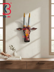 16 Inch Handcrafted Wooden Cow Head Wall Hanging Maroon Lord Ganesha Shubh Labh Sacred Wall Sculpture | Handcrafted by KB ART, Jodhpur
