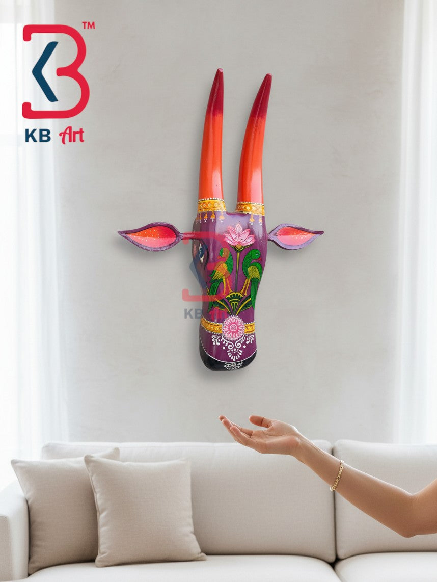 16 Inch Handcrafted Wooden Cow Head Wall Hanging Plum Purple Twin Parrots Sacred Kamdhenu Wall Sculpture | Handcrafted by KB ART, Jodhpur