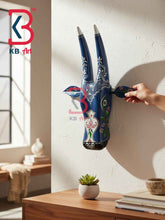 KB ART 16 Inch Handcrafted Wooden Cow Head Wall Hanging Royal Blue Surahi Kalash Sacred Kamdhenu Wall Sculpture