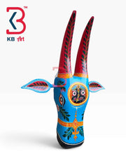 KB ART 16 Inch Handcrafted Wooden Cow Head Wall Hanging Sky Blue Lord Jagannath Medallion Sacred Wall Sculpture