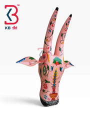 KB ART 16 Inch Handcrafted Wooden Cow Head Wall Hanging Pastel Peach Pink Floral Vase Sacred Kamdhenu Wall Sculpture