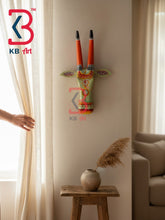 16 Inch Handcrafted Wooden Cow Head Wall Hanging Sage Green Coral Horns Sunburst Pendant Sacred Wall Sculpture | Handcrafted by KB ART, Jodhpur