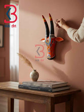 KB ART 16 Inch Handcrafted Wooden Cow Head Wall Hanging Tangerine Orange Black Horns Sacred Kamdhenu Wall Sculpture