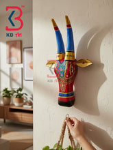 16 Inch Handcrafted Wooden Cow Head Wall Hanging Crimson Red Gilded Breastplate Sacred Kamdhenu Wall Sculpture | Handcrafted by KB ART, Jodhpur