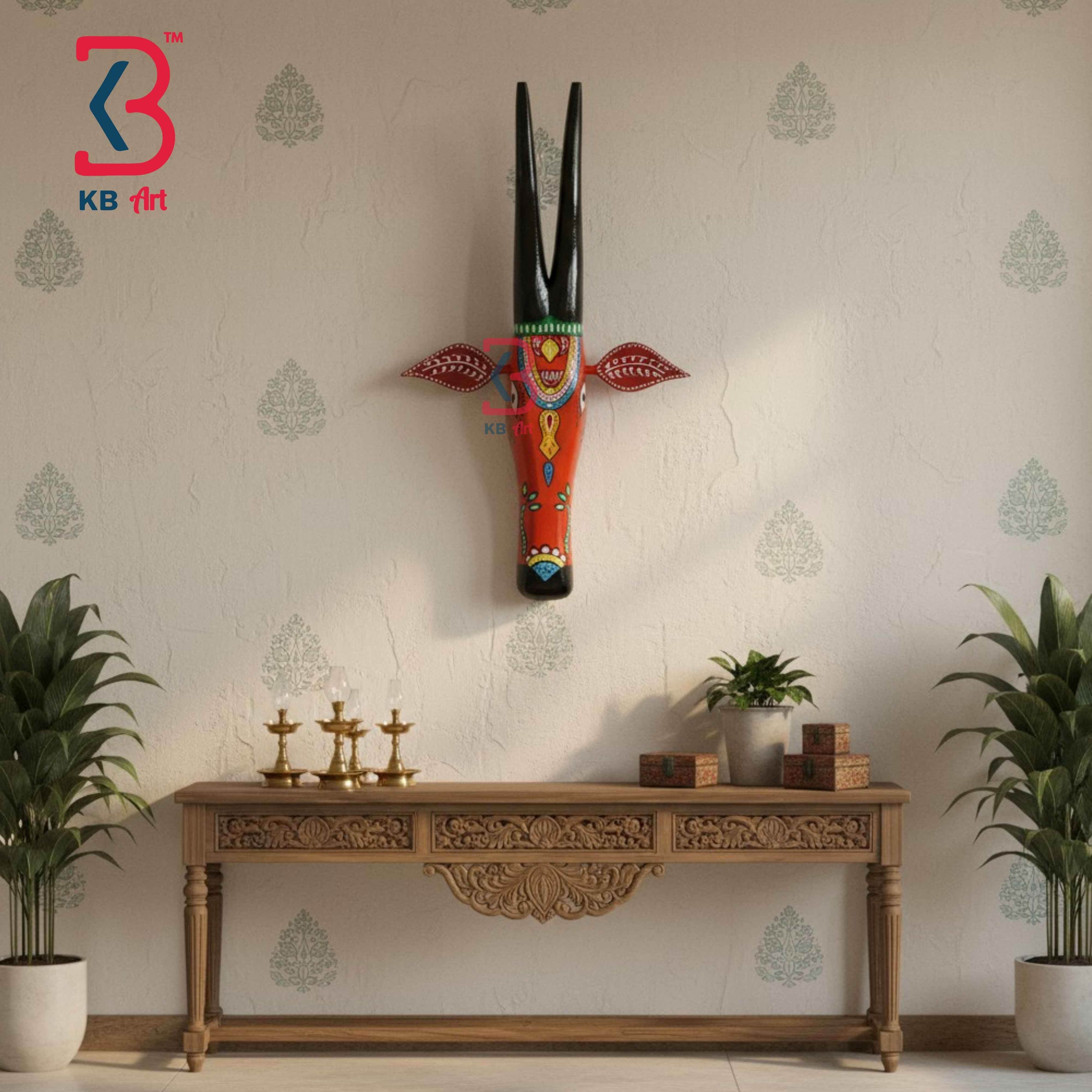 KB ART 18 Inch Handcrafted Wooden Cow Head Wall Hanging Coral Red Black Horns Grand Kamdhenu Wall Sculpture