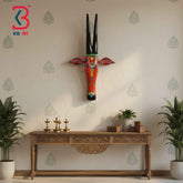 KB ART 18 Inch Handcrafted Wooden Cow Head Wall Hanging Coral Red Black Horns Grand Kamdhenu Wall Sculpture