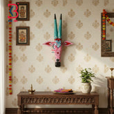 KB ART 18 Inch Handcrafted Wooden Cow Head Wall Hanging Rose Pink Turquoise Horns Grand Kamdhenu Wall Sculpture