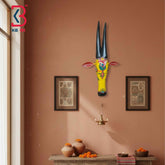 KB ART 18 Inch Handcrafted Wooden Cow Head Wall Hanging Sunflower Yellow Black Horns Grand Kamdhenu Wall Sculpture