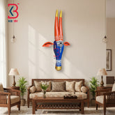 18 Inch Handcrafted Wooden Cow Head Wall Hanging Royal Blue Coral Horns Grand Kamdhenu Wall Sculpture | Handcrafted by KB ART, Jodhpur