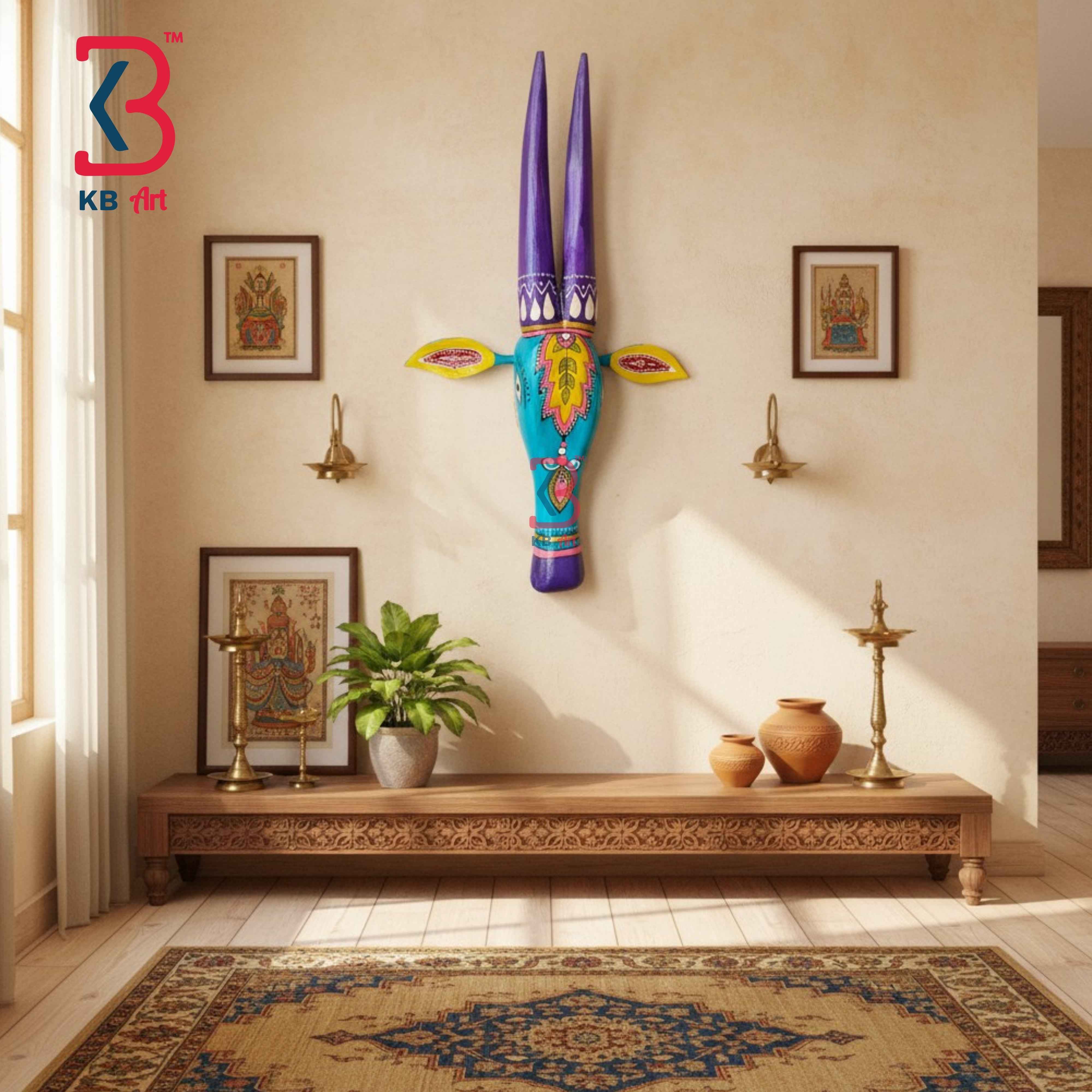 KB ART 18 Inch Handcrafted Wooden Cow Head Wall Hanging Turquoise Cyan Purple Horns Grand Kamdhenu Wall Sculpture