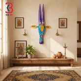 KB ART 18 Inch Handcrafted Wooden Cow Head Wall Hanging Turquoise Cyan Purple Horns Grand Kamdhenu Wall Sculpture