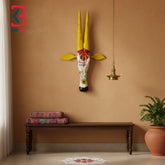 18 Inch Handcrafted Wooden Cow Head Wall Hanging Antique White Sunny Yellow Horns Grand Kamdhenu Wall Sculpture | Handcrafted by KB ART, Jodhpur