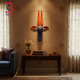 18 Inch Handcrafted Wooden Cow Head Wall Hanging Cobalt Blue Orange Horns Grand Kamdhenu Wall Sculpture | Handcrafted by KB ART, Jodhpur