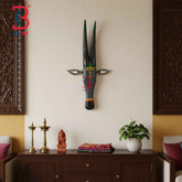 KB ART 18 Inch Handcrafted Wooden Cow Head Wall Hanging Slate Grey Green Tipped Horns Grand Kamdhenu Wall Sculpture