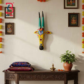 KB ART 18 Inch Handcrafted Wooden Cow Head Wall Hanging Mustard Yellow Teal Horns Grand Kamdhenu Wall Sculpture