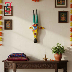 KB ART 18 Inch Handcrafted Wooden Cow Head Wall Hanging Mustard Yellow Teal Horns Grand Kamdhenu Wall Sculpture
