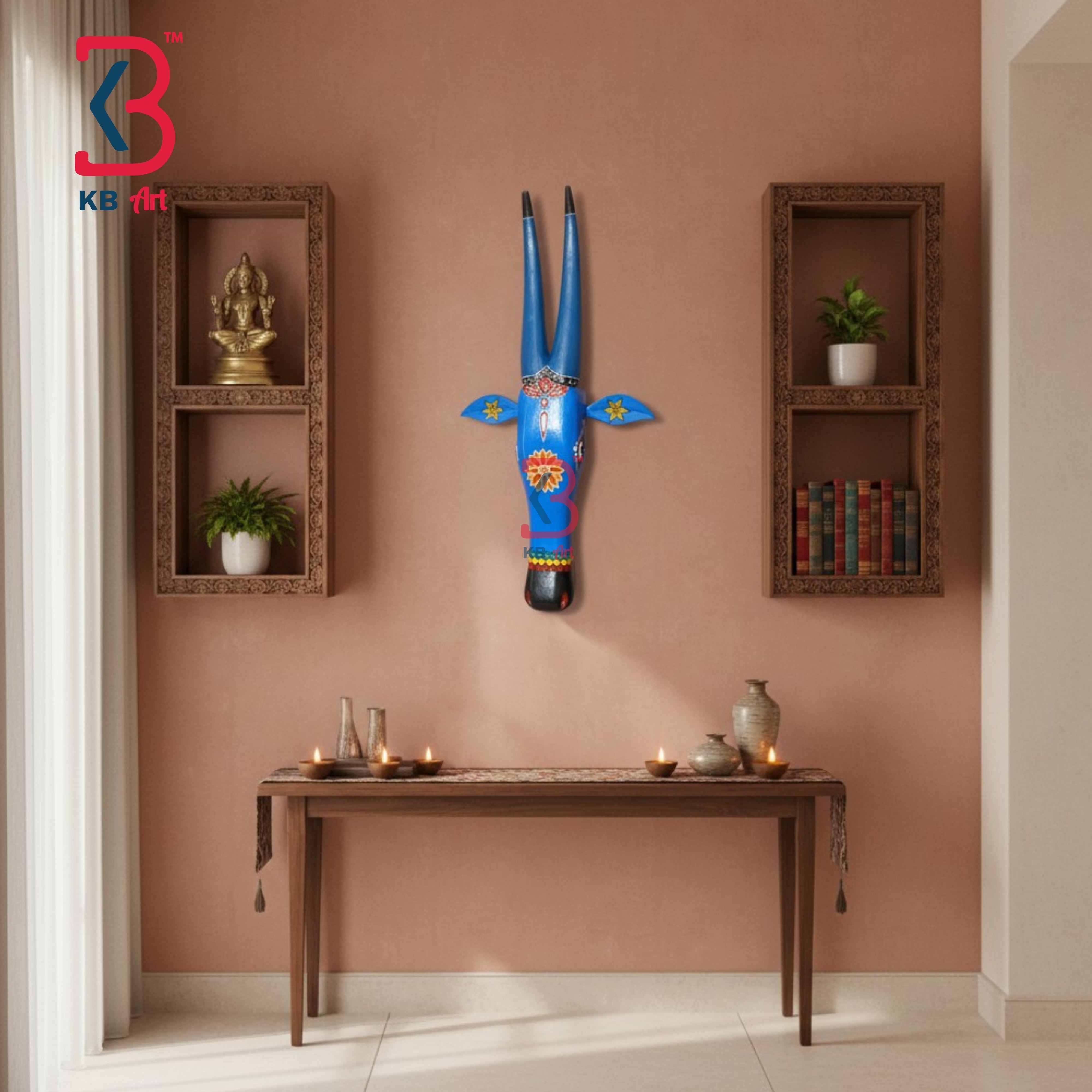 18 Inch Handcrafted Wooden Cow Head Wall Hanging Sky Blue Matching Horns Grand Kamdhenu Wall Sculpture | Handcrafted by KB ART, Jodhpur