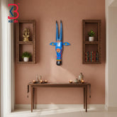 18 Inch Handcrafted Wooden Cow Head Wall Hanging Sky Blue Matching Horns Grand Kamdhenu Wall Sculpture | Handcrafted by KB ART, Jodhpur