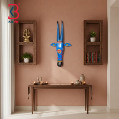 18 Inch Handcrafted Wooden Cow Head Wall Hanging Sky Blue Matching Horns Grand Kamdhenu Wall Sculpture | Handcrafted by KB ART, Jodhpur