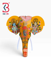 KB ART 18 Inch Handcrafted Wooden Elephant Head Wall Hanging Golden Yellow Lord Ram Sita Darbar Grand Wall Decor