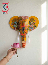 KB ART 18 Inch Handcrafted Wooden Elephant Head Wall Hanging Golden Yellow Lord Ram Sita Darbar Grand Wall Decor