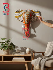 18 Inch Handcrafted Wooden Elephant Head Wall Hanging Vermilion Orange Royal Ambari Howdah Grand Wall Decor | Handcrafted by KB ART, Jodhpur