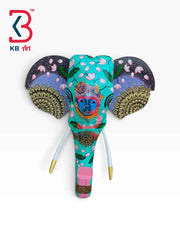 KB ART 18 Inch Handcrafted Wooden Elephant Head Wall Hanging Mint Turquoise Lord Shrinathji Lotus Grand Wall Decor