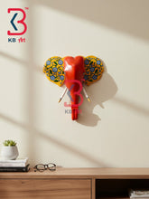 18 Inch Handcrafted Wooden Elephant Head Wall Hanging Coral Red Yellow Blue Floral Ears Grand Wall Decor | Handcrafted by KB ART, Jodhpur
