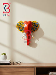 18 Inch Handcrafted Wooden Elephant Head Wall Hanging Coral Red Yellow Blue Floral Ears Grand Wall Decor | Handcrafted by KB ART, Jodhpur