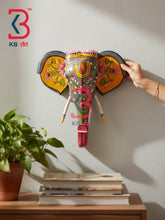 18 Inch Handcrafted Wooden Elephant Head Wall Hanging Slate Grey Yellow Ears Pink Lotus Grand Wall Decor | Handcrafted by KB ART, Jodhpur