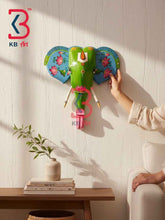 KB ART 18 Inch Handcrafted Wooden Elephant Head Wall Hanging Parrot Green Blue Ears Lotus Grand Wall Decor