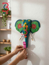 KB ART 18 Inch Handcrafted Wooden Elephant Head Wall Hanging Peacock Teal Twin Parrots Grand Wall Decor