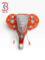 KB ART 18 Inch Handcrafted Wooden Elephant Head Wall Hanging Terracotta Orange White Pattachitra Grand Wall Decor