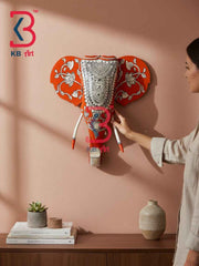 KB ART 18 Inch Handcrafted Wooden Elephant Head Wall Hanging Terracotta Orange White Pattachitra Grand Wall Decor