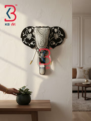 18 Inch Handcrafted Wooden Elephant Head Wall Hanging Midnight Black White Pattachitra Grand Wall Decor | Handcrafted by KB ART, Jodhpur