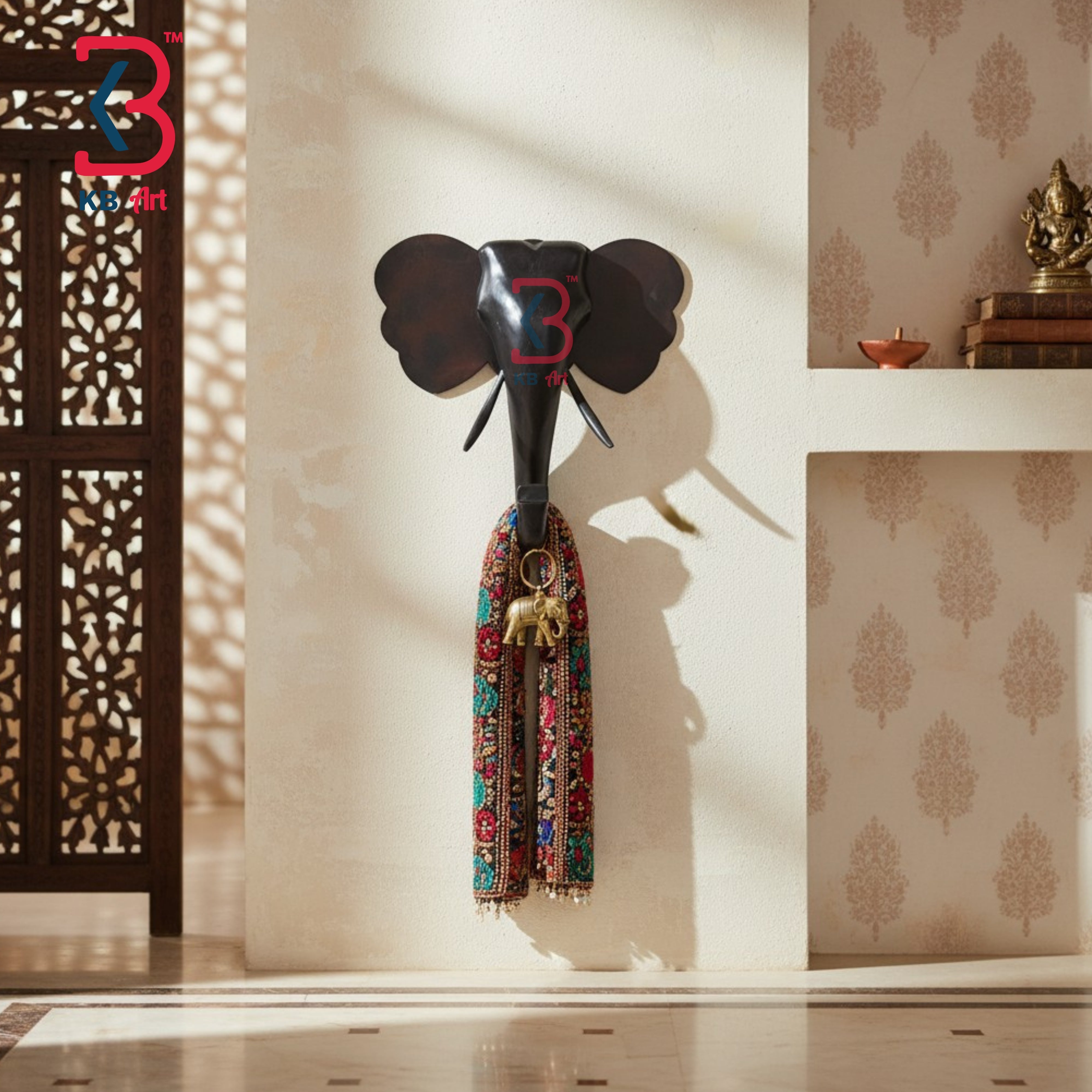 24 Inch Handcrafted Wooden Elephant Head Wall Hanging Monumental Dark Espresso Teak Grand Wall Sculpture | Handcrafted by KB ART, Jodhpur