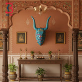 18 Inch Handcrafted Wooden Nandi Bull Head Wall Plaque Sky Blue Brass Embossed Sacred Wall Sculpture | Handcrafted by KB ART, Jodhpur