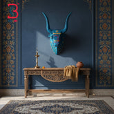 18 Inch Handcrafted Wooden Nandi Bull Head Wall Plaque Turquoise Blue Patina Sacred Wall Sculpture | Handcrafted by KB ART, Jodhpur