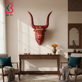 18 Inch Handcrafted Wooden Nandi Bull Head Wall Plaque Crimson Red Patina Sacred Wall Sculpture | Handcrafted by KB ART, Jodhpur