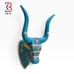 18-inch bull head wall plaque – rustic hand carved 18 inch wood turqoise bull head wall accent | KB ART, Jodhpur Rajasthan