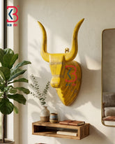 18 Inch Handcrafted Wooden Nandi Bull Head Wall Plaque Mustard Yellow Brass Embossed Sacred Wall Sculpture | Handcrafted by KB ART, Jodhpur
